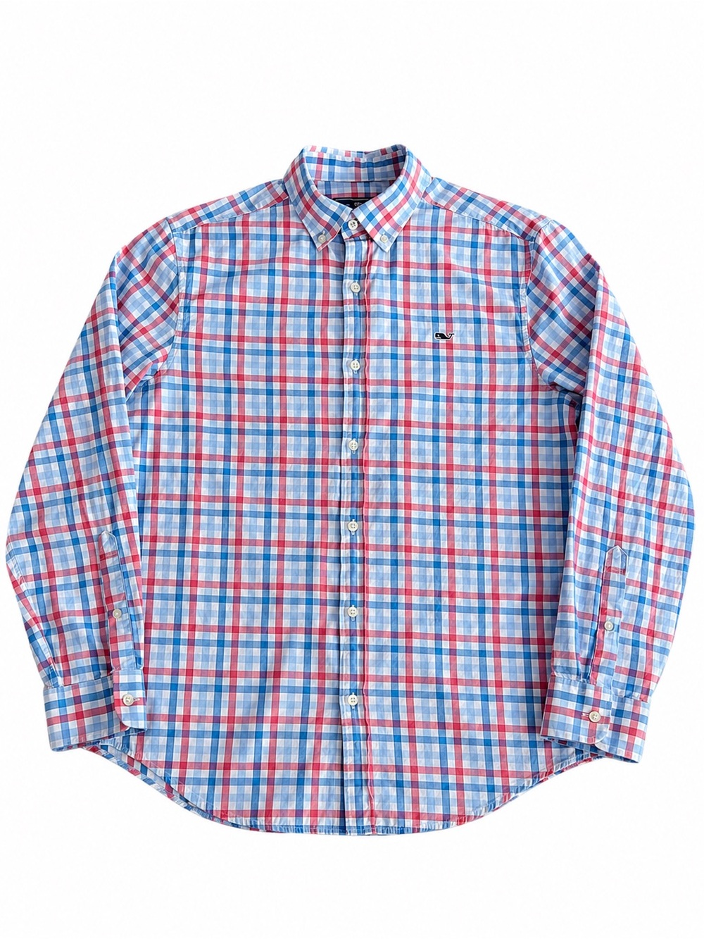 Vineyard Vines Men’s Whale Shirt Plaid Button Down Blue Red White Medium
